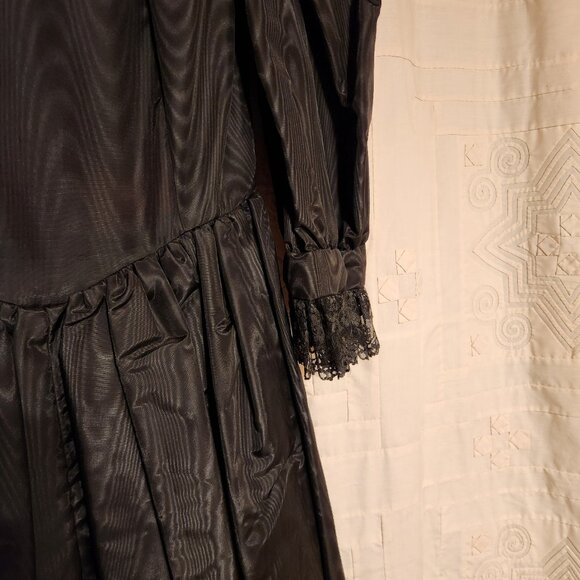 🖤 Vtg 80s Black Moire Taffeta Puff Sleeve Goth Prom Dress XS 🖤 - Picture 5 of 7